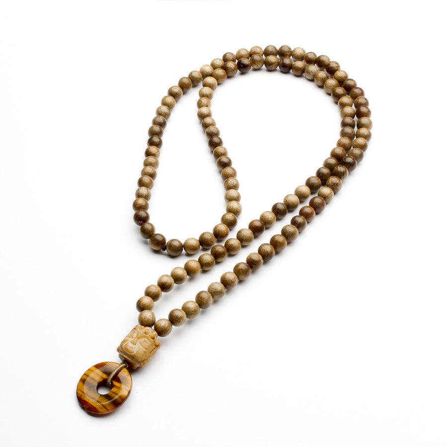 WOODEN BEADS, JADE BUDDHA, YELLOW TIGER'S EYE NECKLACE