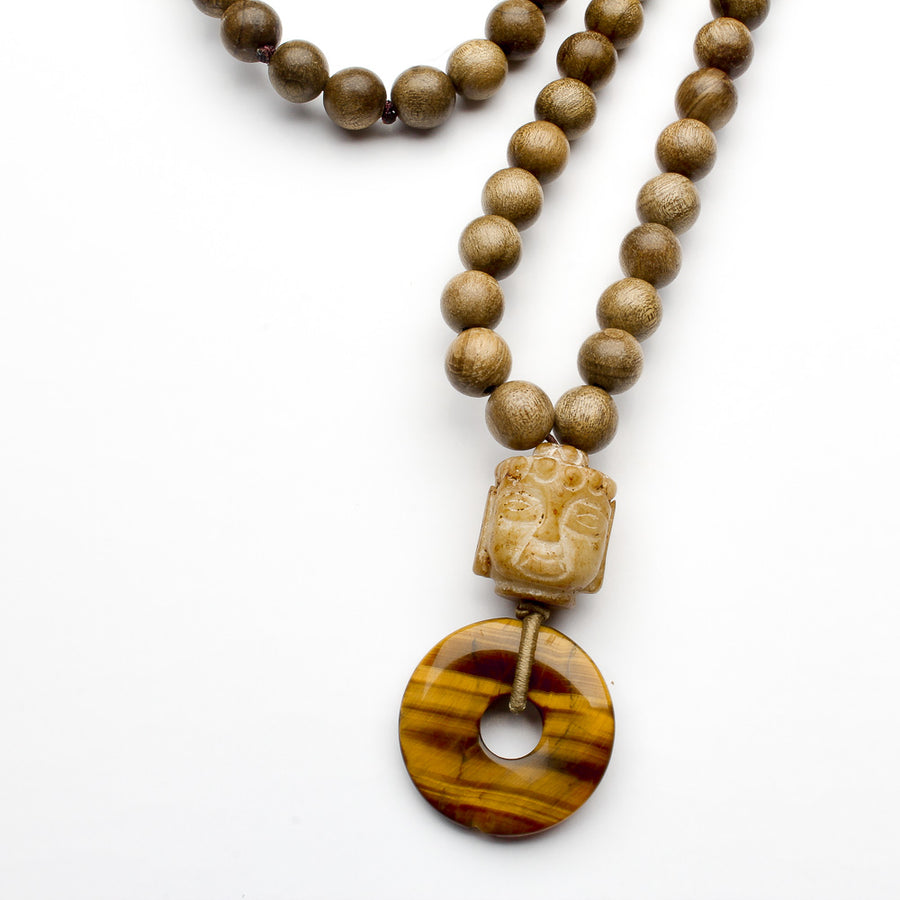WOODEN BEADS, JADE BUDDHA, YELLOW TIGER'S EYE NECKLACE