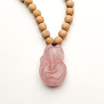 6MM THUJA WOOD BEADS, ROSE QUARTZ FOX NECKLACE