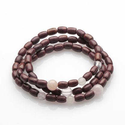 PURPLE WOOD, MORGANITE AND ROSE QUARTZ BRACELET