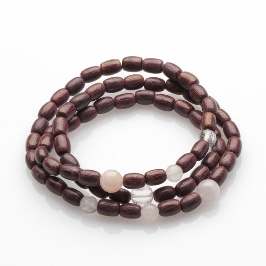 PURPLE WOOD, MORGANITE AND ROSE QUARTZ BRACELET
