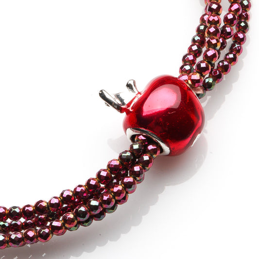  2MM HEMATITE WITH RED ENAMEL APPLE  BRACELET