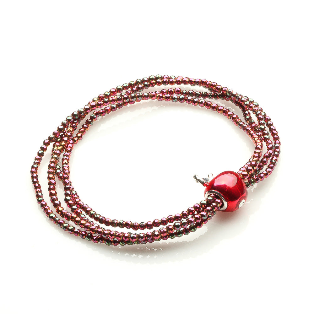  2MM HEMATITE WITH RED ENAMEL APPLE  BRACELET