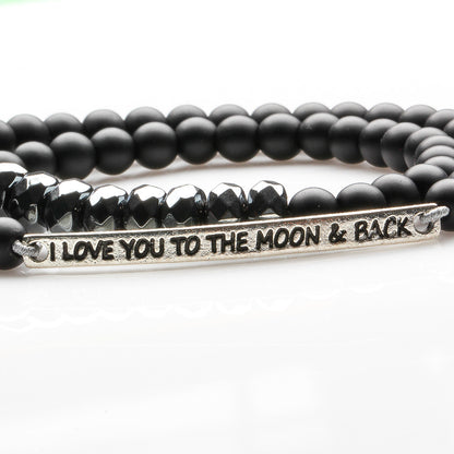 AGATE, HEMATITE AND 'I LOVE U TO THE MOON AND BACK' BRACELET