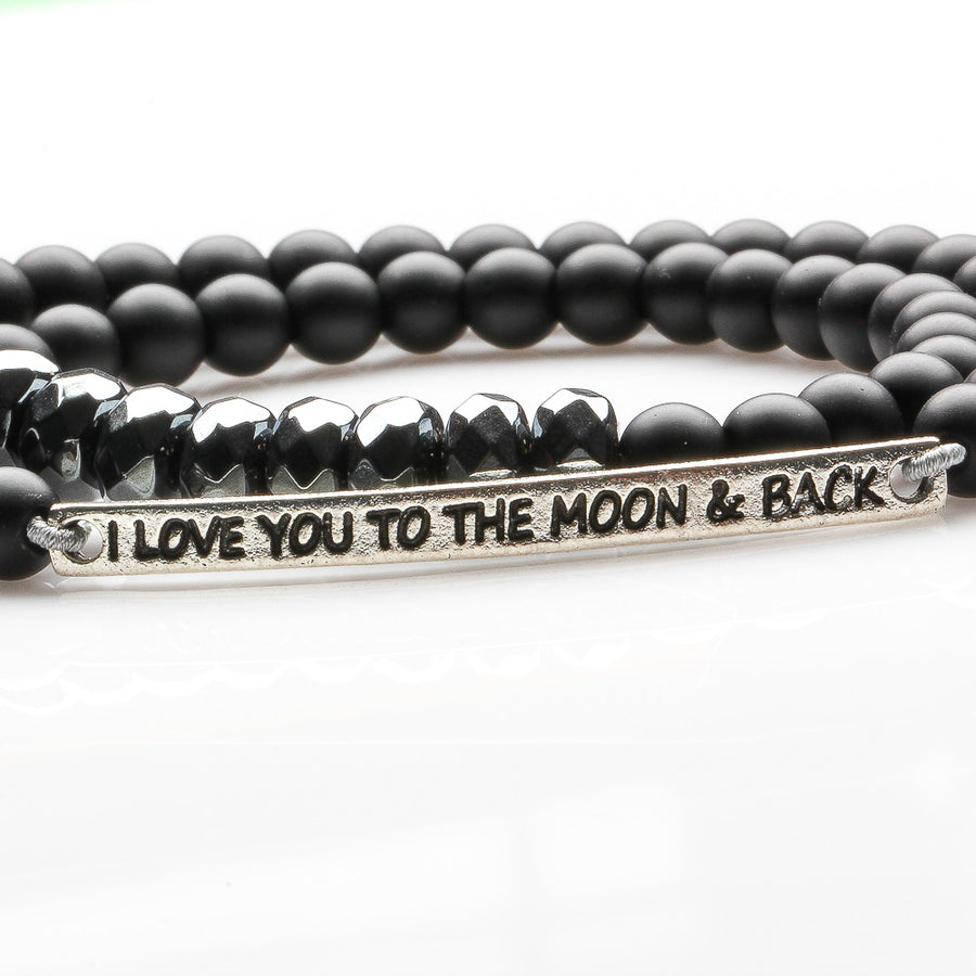 AGATE, HEMATITE AND 'I LOVE U TO THE MOON AND BACK' BRACELET