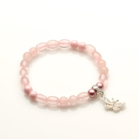 ROSE QUARTZ WITH SWAROVSKI PEARL AND BUTTERFLY LOVE BRACELET