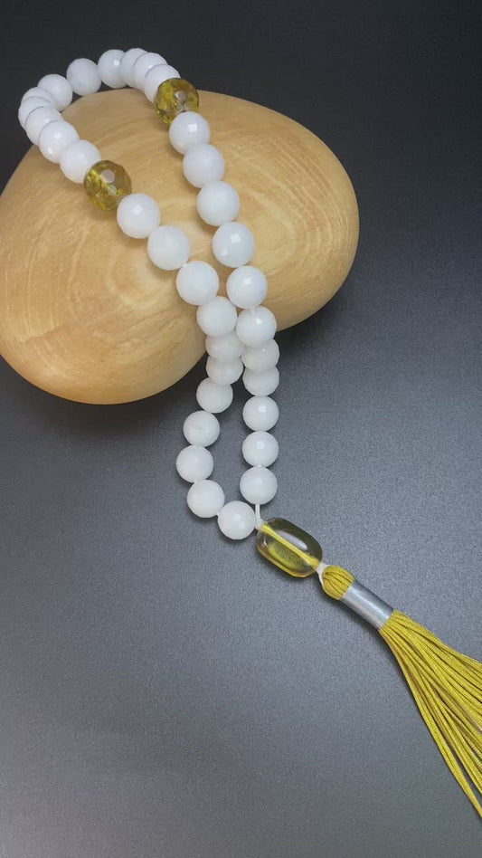 10MM FACETED WHITE JADE WITH AMBER PRAYER BEADS