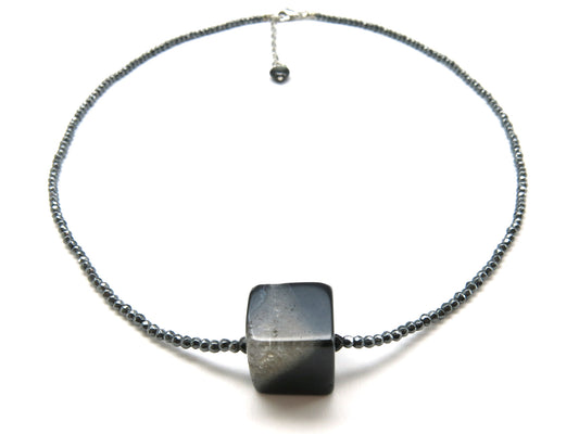 2MM FACETED HEMATITE WITH AGATE CUBE BEAD NECKLACE