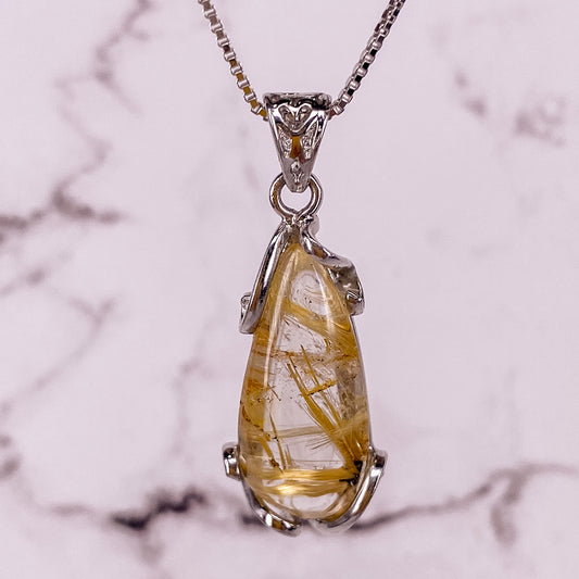 25 X 12MM GOLD RUTILATED QUARTZ PENDANT FOR WEALTH