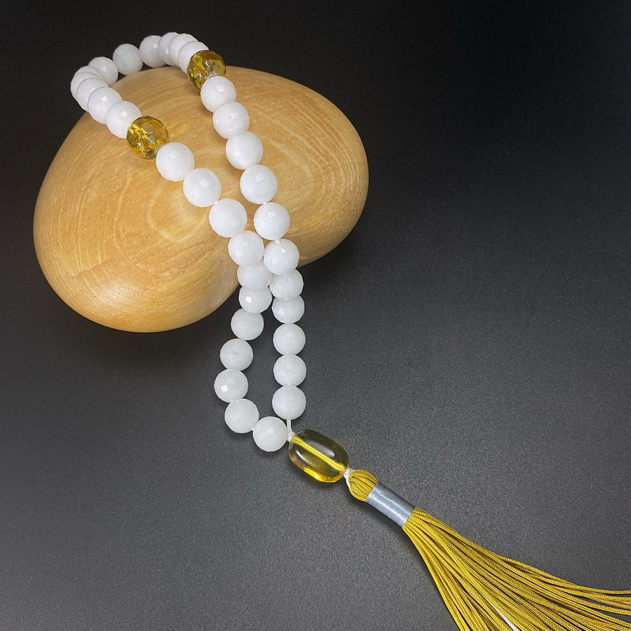 10MM FACETED WHITE JADE WITH AMBER PRAYER BEADS