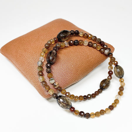 BROWN AGATE WITH SMOKEY QUARTZ DOUBLE STRAND BRACELET