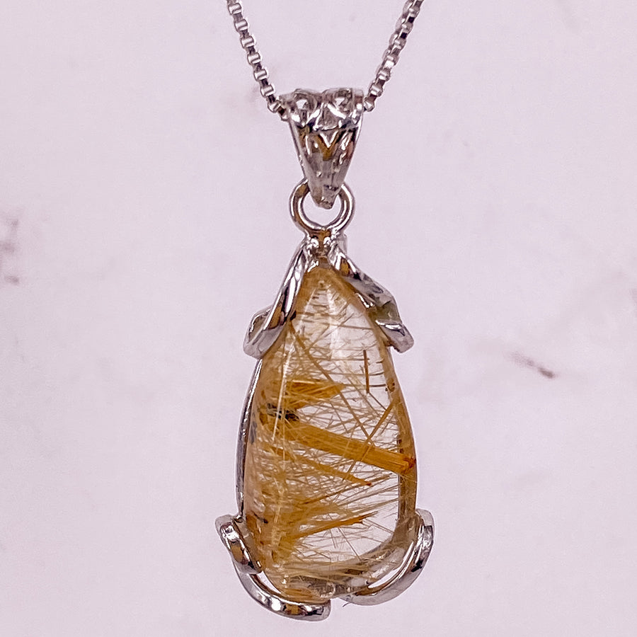 24 X 13MM GOLD RUTILATED QUARTZ PENDANT FOR WEALTH