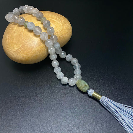10MM FACETED SMOKY QUARTZ WITH JADE PRAYER BEADS