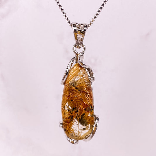 27 X 12MM GOLD RUTILATED QUARTZ PENDANT FOR WEALTH